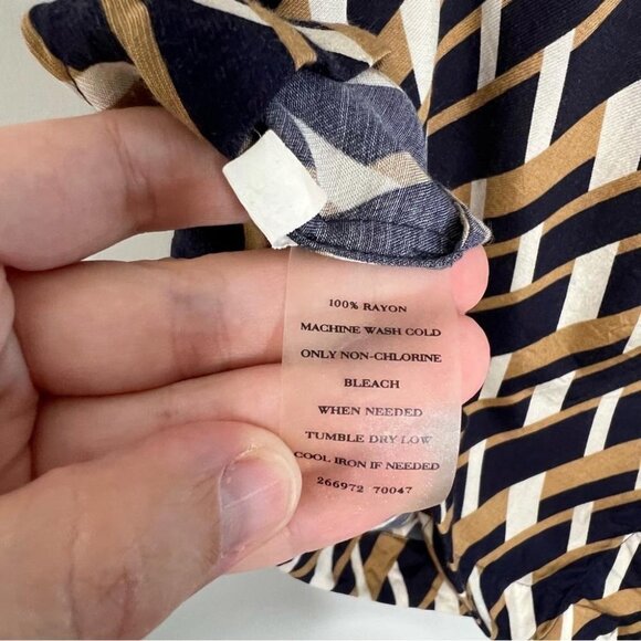 Ann Taylor Petites Womens Size 14P Tan Blue Geometric Print Asymmetrical Blouse - Picture 7 of 10